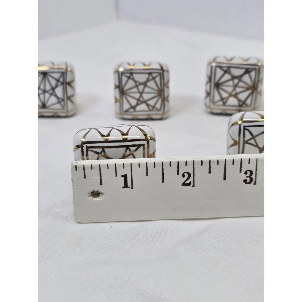 Lot of 6 White Ceramic Drawer Knobs Gold Geometric Lines Square Shape 1.5